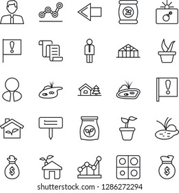 Thin Line Icon Set - bomb in case vector, left arrow, manager, contract, seedling, plant label, greenhouse, pond, fertilizer, important flag, application, point graph, house with tree, estate agent