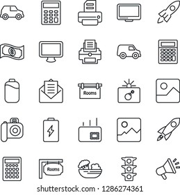 Thin Line Icon Set - bomb in case vector, printer, traffic light, camera, monitor, mail, gallery, battery, calculator, rooms, salad, rocket, cash, car, advertising