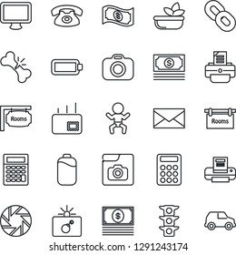 Thin Line Icon Set - bomb in case vector, baby, mail, printer, broken bone, cash, traffic light, camera, monitor, chain, mobile, photo gallery, battery, calculator, rooms, phone, salad, car