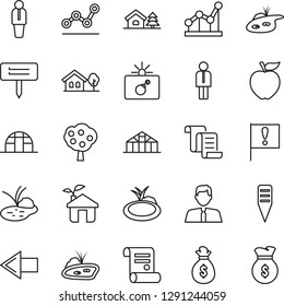 Juego de iconos de línea delgada - bomba en caso vector, flecha izquierda, administrador, contrato, etiqueta de planta, invernadero, estanque, bandera importante, gráfico de puntos, casa con árbol, fruta, agente inmobiliario, manzana, eco, bolsa de dinero
