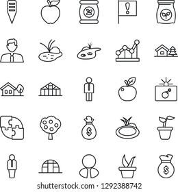 Thin Line Icon Set - bomb in case vector, manager, seedling, plant label, greenhouse, pond, fertilizer, important flag, application, point graph, house with tree, fruit, estate agent, apple