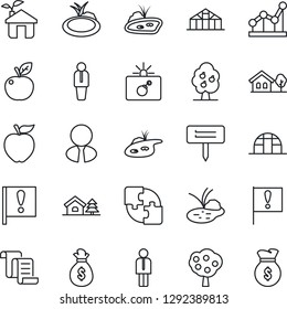 Thin Line Icon Set - bomb in case vector, manager, contract, plant label, greenhouse, pond, important flag, application, point graph, house with tree, fruit, estate agent, apple, eco, money bag