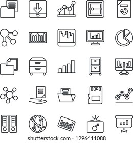 Thin Line Icon Set - bomb in case vector, office binder, document, statistic monitor, reload, folder, barcode, network, share, scanner, sd, download, statistics, bar graph, pie, point, archive box