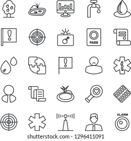 Thin Line Icon Set - bomb in case vector, passport, contract, statistic monitor, water drop, pond, heart diagnostic, pills blister, ambulance star, patient, important flag, antenna, application