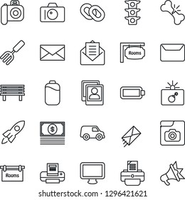 Thin Line Icon Set - bomb in case vector, camera, mail, printer, garden fork, bench, broken bone, traffic light, monitor, chain, photo gallery, battery, rooms, rocket, cash, car, advertising