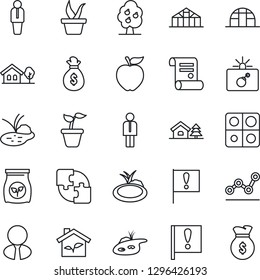 Thin Line Icon Set - bomb in case vector, manager, contract, seedling, greenhouse, pond, fertilizer, important flag, application, point graph, house with tree, fruit, estate agent, apple, eco