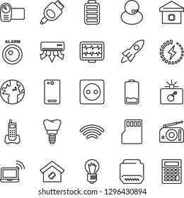 Thin Line Icon Set - bomb in case vector, wireless notebook, bulb, monitor pulse, implant, earth, office phone, support, radio, video camera, battery, low, hdmi, back, sd, charge, smart home, socket