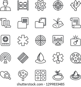 Thin Line Icon Set - bomb in case vector, passport, luggage storage, contract, statistic monitor, water drop, pond, heart diagnostic, pills blister, ambulance star, route, folder document, reel