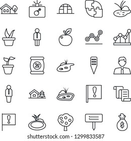 Thin Line Icon Set - bomb in case vector, manager, contract, seedling, plant label, greenhouse, pond, fertilizer, important flag, application, point graph, house with tree, fruit, estate agent