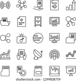 Thin Line Icon Set - bomb in case vector, growth statistic, document, monitor, reload, diagnosis, satellite antenna, share, scanner, sd, network, statistics, folder, point graph, archive box