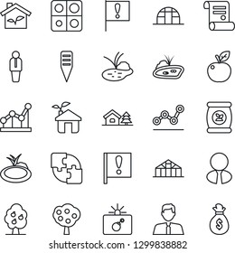 Thin Line Icon Set - bomb in case vector, manager, contract, plant label, greenhouse, pond, fertilizer, important flag, application, point graph, house with tree, fruit, estate agent, apple, eco