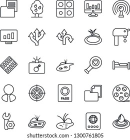 Thin Line Icon Set - bomb in case vector, passport, bed, statistic monitor, pond, heart diagnostic, pills blister, route, folder document, reel, antenna, application, root setup, target, fruit tree