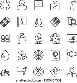 Thin Line Icon Set - bomb in case vector, passport, wind, luggage storage, contract, statistic monitor, water drop, pond, pills blister, ambulance star, patient, route, important flag, reel, antenna