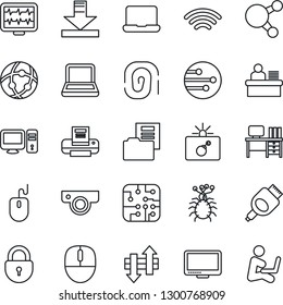 Thin Line Icon Set - bomb in case vector, lock, mouse, desk, monitor pulse, virus, share, hdmi, network, data exchange, download, wireless, document folder, manager, printer, notebook pc, chip