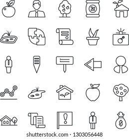 Thin Line Icon Set - bomb in case vector, left arrow, manager, contract, seedling, plant label, fertilizer, important flag, application, point graph, house with tree, pond, fruit, estate agent, eco