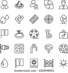 Thin Line Icon Set - bomb in case vector, passport, wind, luggage storage, water drop, pond, pills blister, patient, route, important flag, reel, application, root setup, target, supply, fruit tree