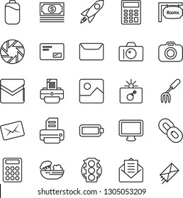 Thin Line Icon Set - bomb in case vector, camera, printer, garden fork, cash, traffic light, monitor, chain, mail, mobile, gallery, battery, calculator, rooms, salad, rocket