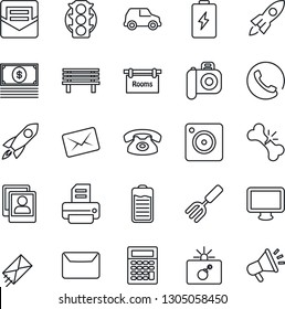 Thin Line Icon Set - bomb in case vector, printer, garden fork, bench, broken bone, traffic light, camera, monitor, battery, mobile, mail, photo gallery, rooms, phone, rocket, cash, calculator, car