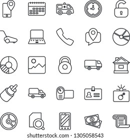 Thin Line Icon Set - bomb in case vector, identity, mobile phone, notebook pc, circle chart, lawn mower, house, ambulance car, cash, tracking, delivery, clock, term, heavy, video camera, rca, call