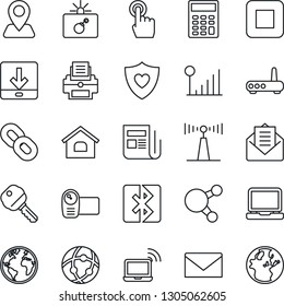 Thin Line Icon Set - bomb in case vector, wireless notebook, mail, heart shield, navigation, earth, antenna, news, video camera, touch screen, laptop pc, share, chain, stop button, network, download