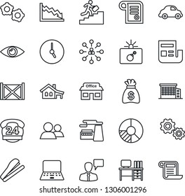 Thin Line Icon Set - bomb in case vector, speaking man, gear, hierarchy, desk, notebook pc, money bag, factory, circle chart, eye, store, 24 hours, car delivery, container, group, clock, news