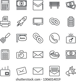 Thin Line Icon Set - bomb in case vector, camera, mail, printer, garden fork, bench, cash, monitor, chain, battery, calculator, rooms, phone, salad, rocket, advertising