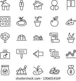 Thin Line Icon Set - bomb in case vector, left arrow, manager, contract, seedling, plant label, greenhouse, pond, fertilizer, important flag, application, point graph, house with tree, fruit, apple