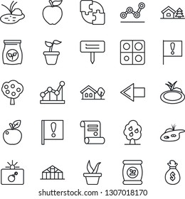 Thin Line Icon Set - bomb in case vector, left arrow, contract, seedling, plant label, greenhouse, pond, fertilizer, important flag, application, point graph, house with tree, fruit, apple