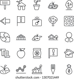 Thin Line Icon Set - bomb in case vector, left arrow, contract, seedling, plant label, greenhouse, pond, fertilizer, important flag, application, point graph, house with tree, fruit, estate agent
