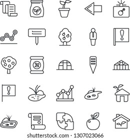 Thin Line Icon Set - bomb in case vector, left arrow, manager, contract, seedling, plant label, greenhouse, pond, fertilizer, important flag, application, point graph, fruit tree, apple, eco house