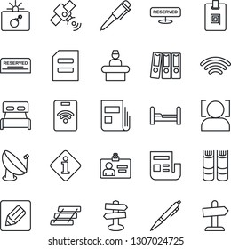 Thin Line Icon Set - bomb in case vector, reception, identity card, book, pen, document, signpost, satellite antenna, notes, wireless, face id, news, paper binder, tray, bedroom, reserved, pass