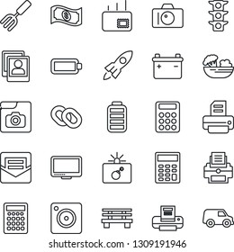 Thin Line Icon Set - bomb in case vector, camera, printer, garden fork, bench, traffic light, monitor, chain, battery, mobile, mail, photo gallery, calculator, salad, rocket, cash, car