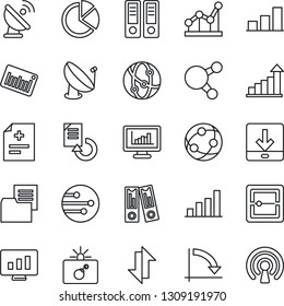 Thin Line Icon Set - bomb in case vector, growth statistic, office binder, crisis graph, monitor, document reload, diagnosis, folder, barcode, satellite antenna, network, share, scanner, download