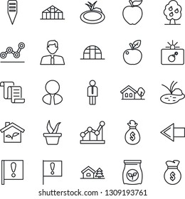 Thin Line Icon Set - bomb in case vector, left arrow, manager, contract, seedling, plant label, greenhouse, pond, fertilizer, important flag, point graph, house with tree, fruit, estate agent, apple