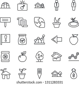 Thin Line Icon Set - bomb in case vector, left arrow, manager, contract, seedling, plant label, greenhouse, pond, fertilizer, important flag, application, point graph, house with tree, fruit, apple