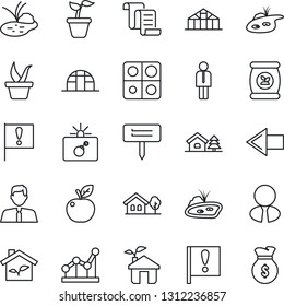 Thin Line Icon Set - bomb in case vector, left arrow, manager, contract, seedling, plant label, greenhouse, pond, fertilizer, important flag, application, point graph, house with tree, estate agent