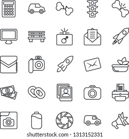 Thin Line Icon Set - bomb in case vector, printer, bench, broken bone, cash, traffic light, camera, monitor, chain, mail, mobile, photo gallery, battery, salad, rocket, calculator, car, advertising