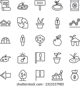 Thin Line Icon Set - bomb in case vector, left arrow, manager, contract, seedling, plant label, greenhouse, pond, fertilizer, important flag, application, point graph, house with tree, fruit, apple