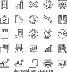 Thin Line Icon Set - bomb in case vector, growth statistic, office binder, crisis graph, document, monitor, folder, satellite antenna, network, sd, statistics, bar, pie, point, archive box, wireless