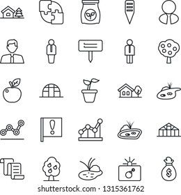 Thin Line Icon Set - bomb in case vector, manager, contract, seedling, plant label, greenhouse, pond, fertilizer, important flag, application, point graph, house with tree, fruit, estate agent