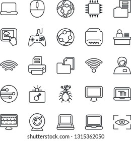 Thin Line Icon Set - bomb in case vector, mouse, notebook pc, printer, monitor pulse, virus, support, folder document, gamepad, network, laptop, hdmi, wireless, manager desk, chip, web camera