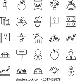 Thin Line Icon Set - bomb in case vector, manager, contract, seedling, plant label, greenhouse, pond, fertilizer, important flag, application, point graph, house with tree, fruit, estate agent, eco