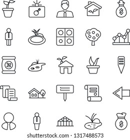 Thin Line Icon Set - bomb in case vector, left arrow, manager, contract, seedling, plant label, greenhouse, pond, fertilizer, application, point graph, house with tree, fruit, estate agent, eco