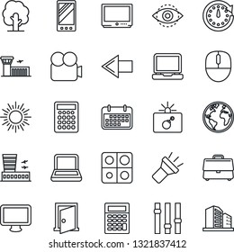 Thin Line Icon Set - bomb in case vector, left arrow, sun, airport building, mouse, tree, earth, term, settings, tv, video camera, monitor, laptop pc, mobile, torch, eye id, application, notebook
