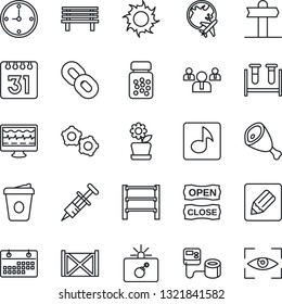 Thin Line Icon Set - bomb in case vector, plane globe, gear, team, coffee, sun, bench, monitor pulse, syringe, blood pressure, test vial, pills bottle, signpost, container, rack, chain, calendar