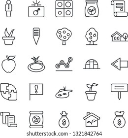 Thin Line Icon Set - bomb in case vector, left arrow, manager, contract, seedling, plant label, greenhouse, pond, fertilizer, important flag, application, point graph, house with tree, fruit, apple
