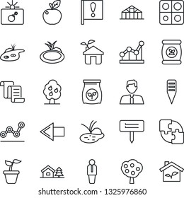 Thin Line Icon Set - bomb in case vector, left arrow, manager, contract, seedling, plant label, greenhouse, pond, fertilizer, important flag, application, point graph, house with tree, fruit, apple