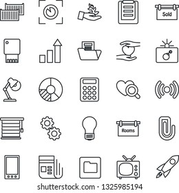 Thin Line Icon Set - bomb in case vector, growth statistic, bulb, circle chart, heart diagnostic, hand, cargo container, clipboard, news, mobile, folder, paper clip, document, calculator, desk lamp