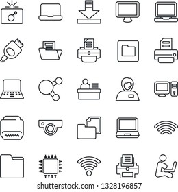 Thin Line Icon Set - bomb in case vector, notebook pc, printer, support, folder document, monitor, laptop, share, hdmi, download, wireless, manager desk, chip, web camera, man with