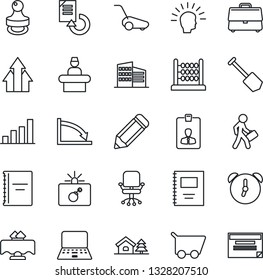 Thin Line Icon Set - bomb in case vector, reception, identity card, office chair, notebook pc, job, document reload, pencil, lawn mower, alarm, copybook, bar graph, abacus, stamp, manager, building